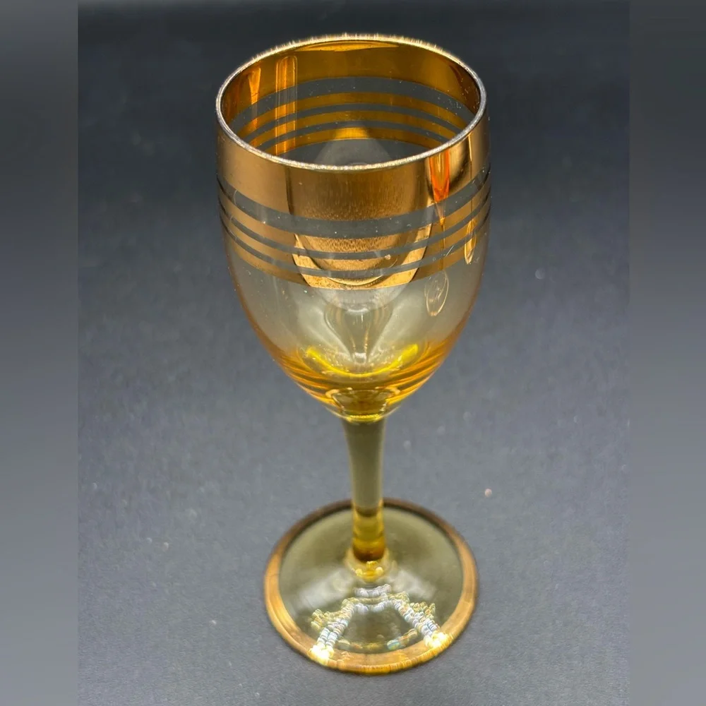 Vtg. (3) Amber Optic Gold Trim Sherry Cordial Stem Glasses Orange Yellow MCM